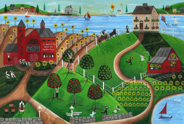 APPLE SEED FOLK ART FARM PAINTING 36x48