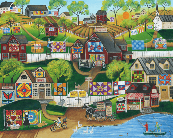 Quilters Sewing Sanctuary Folk Art Village Original Painting SOLD