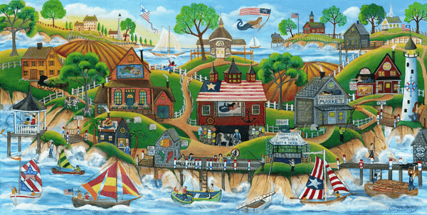 Mermaid By The Sea Village Folk Art Painting SOLD