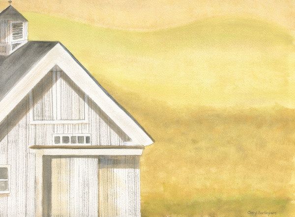 Original Folk Art Watercolor Painting White Farmhouse Barn Golden Yellow Field