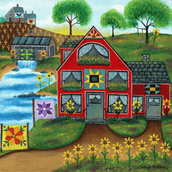 Sunflower Quilt House Original Acrylic Folk Art Painting SOLD