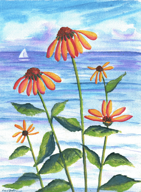 Purple, Yellow Orange Flowers Original Watercolor Painting