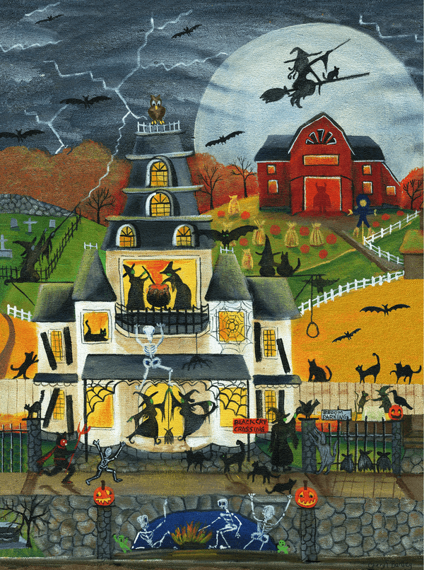 Black Cat Crossing Folk Art Print 12x16
