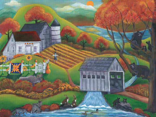 Original Painting Rustic Farm Wildlife Covered Bridge SOLD