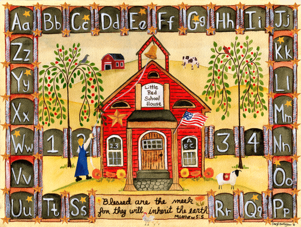 Little Red School House ABC Folk Art Print 11x14