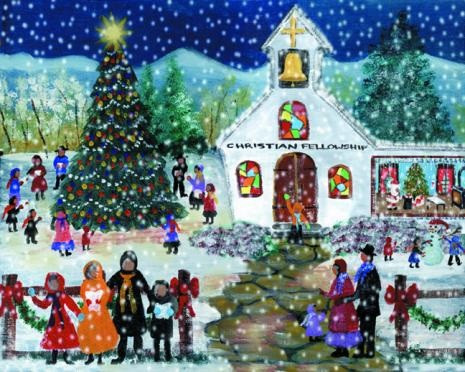 Christian Fellowship Christmas Eve Church Folk Art Print