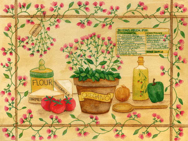 OREGANO RECIPE PIZZA PIE Watercolor Painting