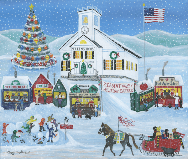 Winter Holiday Bazaar at Pleasent Valley Meeting House Folk Art print 12x16