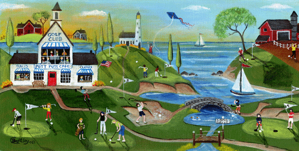 Golfers at Golf Course by Ocean 8x16 Folk Art Print