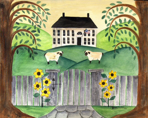 FOLK ART SHEEP AND SUNFLOWERS WATERCOLOR PAINTING