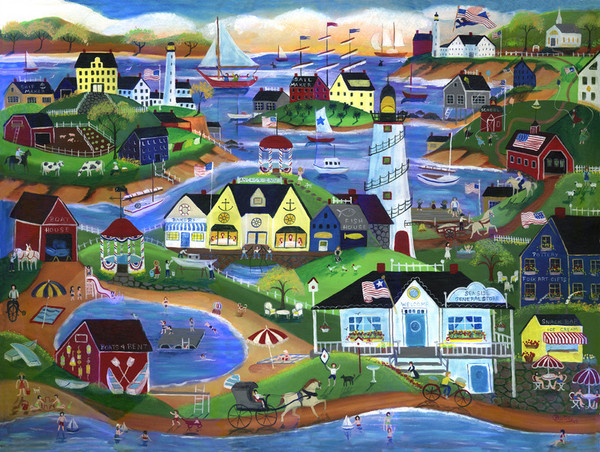 PRIMITIVE AMERICAN SEASIDE VILLAGE FOLK ART PRINT