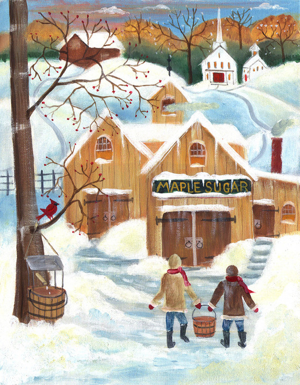 WINTER MAPLE SUGAR HOUSE with CARDINAL