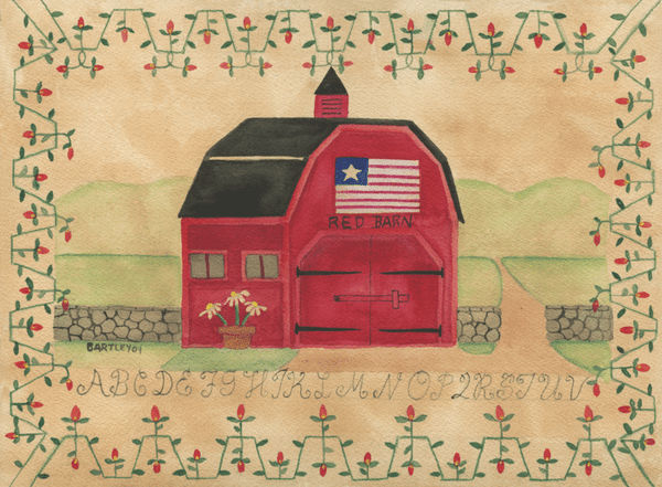 PRIMITIVE RED BARN FOLK ART SAMPLER PAINTING