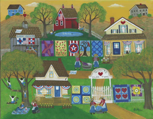 AN OLD TYME QUILT BARN FOLK ART PAINTING SOLD