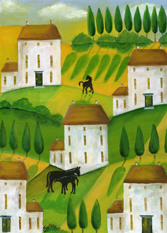 Tuscany Village Mare Colt Black Horse Village Folk Art Print 11x14