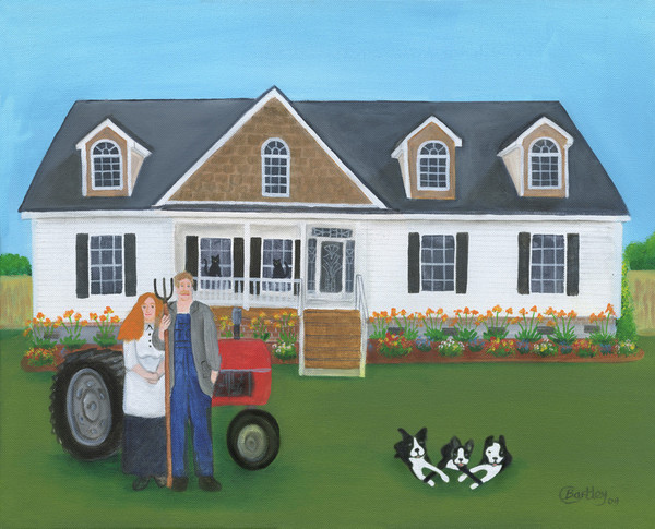 Coulter House and Pet Portrait Folk Art Painting