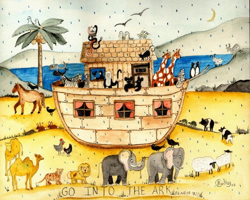 NOAH'S ARCH "GO INTO THE ARCH " FOLK ART PAINTING PRINT