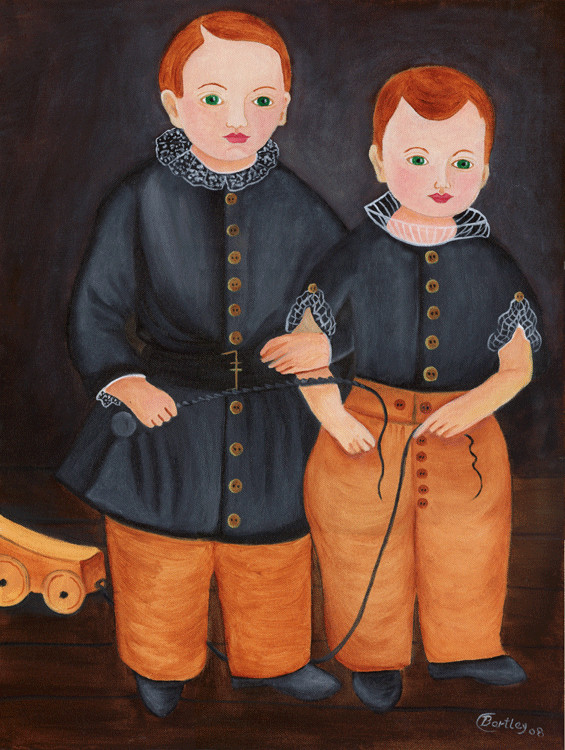 PRIMITIVE FOLK ART PAINTING BROTHERS BLACK COATS with TOYS