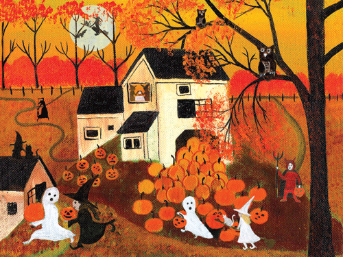 HALLOWEEN PUMPKIN WITCH GHOST FARM FOLK ART PRINT 11x14