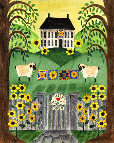 SHEEP SUNFLOWER QUILT MAKER FOLK ART PRINT
