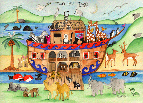 NOAH's ARCH TWO BY TWO FOLK ART PRINT