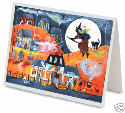 HALLOWEEN WITCH RIDE GREETING CARD FOLK ART HANDMADE