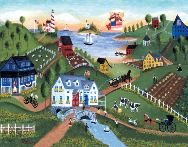 PRIMITIVE SEASIDE COUNTRY FARM YESTERYEAR FOLK ART PRINT