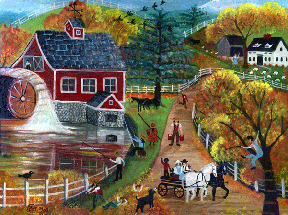Fishing at old grist mill autumn print 11x14