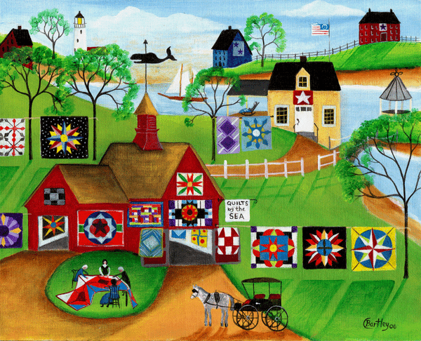 QUILT MAKERS RED BARN FOLK ART PRINT 12x16