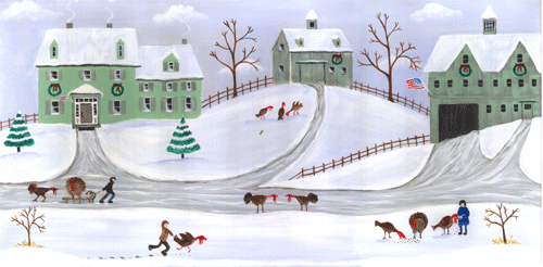 Turkey Farm Winter Christmas Day Folk Art Painting SOLD