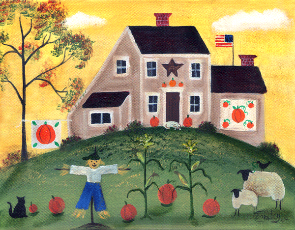 Pumpkin House Cat Crow Quilt Folk Art Print