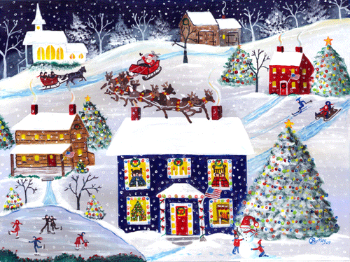 Christmas Eve Americana Snowy Winter Santa & Reindeer Original Painting SOLD