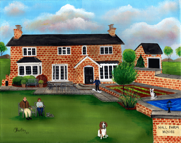 Hall Farm House with beagle & 2 cats Springtime UK custom painting