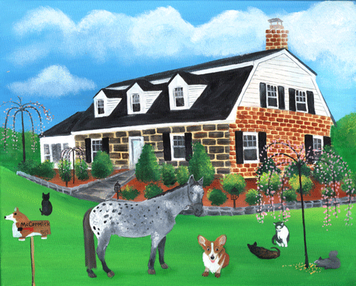 McCORMICK HOUSE CORGI HORSE & CATS FOLK ART PAINTING