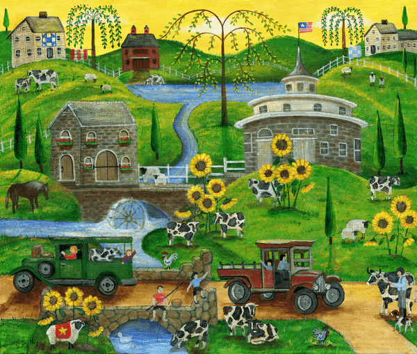 Original Folk Art Painting Pick Up Trucks Cows Sunflower Sheep SOLD