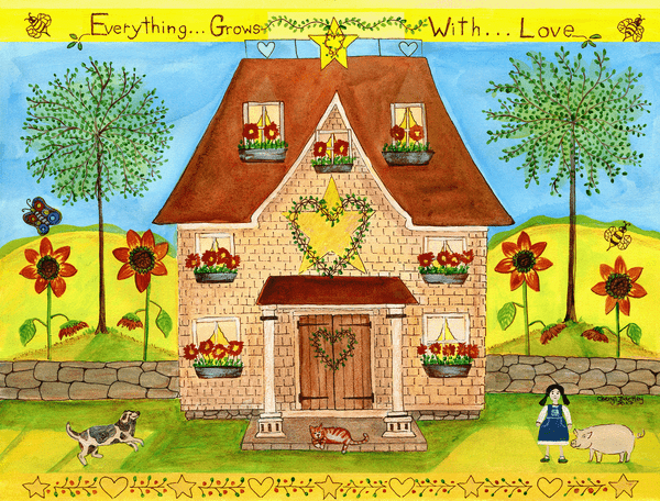 Everything Grows With Love Folk Art Original WATERCOLOR PAINTING