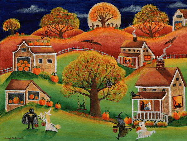 Folk Art Painting Halloween White Witch Batman Ghost Original SOLD