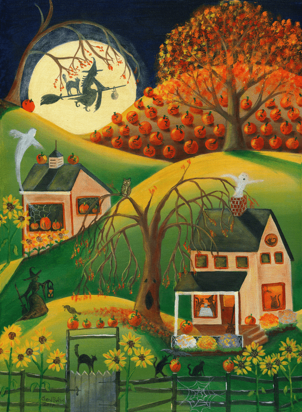 Halloween Witches House Original Folk Art Painting SOLD