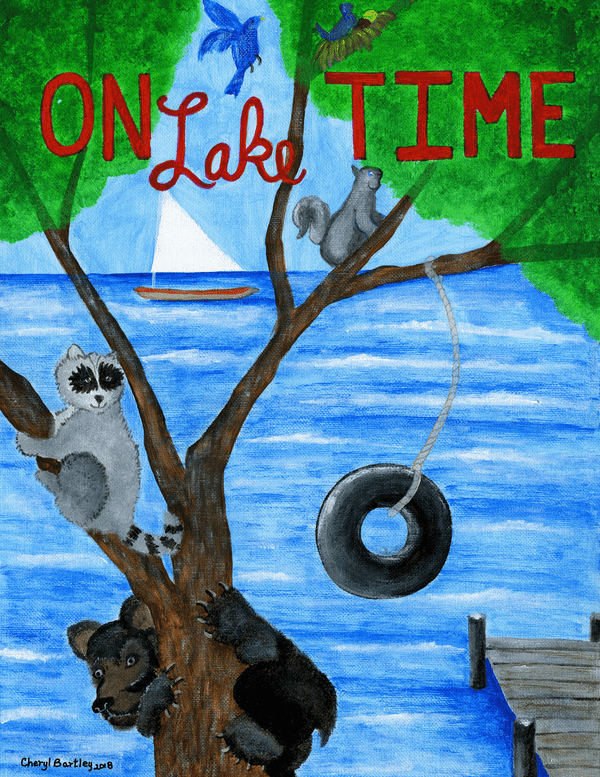 On Lake Time Bears, raccoons, squirrels, sailboat original painting