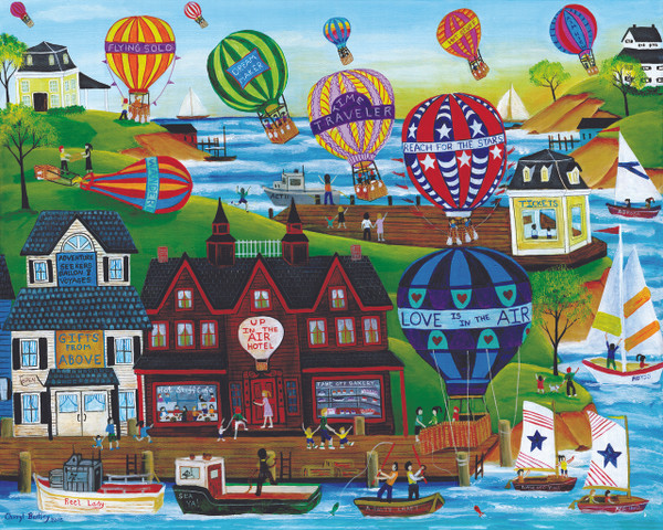 Hot Air Ballon seaside Village Original Folk Art painting SOLD
