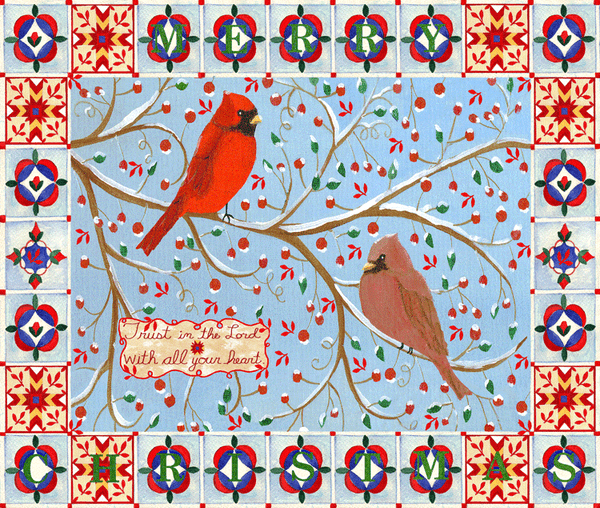 Christmas Cardinals Trust in the Lord Folk Art Print 12x16