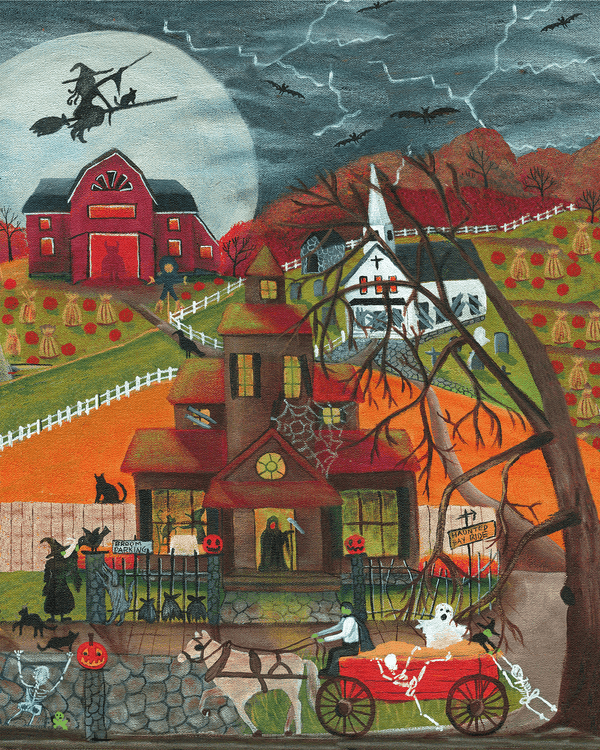 Halloween House Grim Reaper Folk Art Print 12x16
