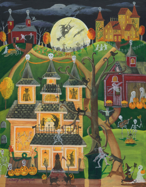 Halloween Skulls Howl and Skeletons Prowl original Folk Art Painting SOLD