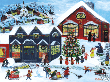 CHRISTMAS TREE WINTER VILLAGE FOLK ART PRINT - Folk Art Paintings by