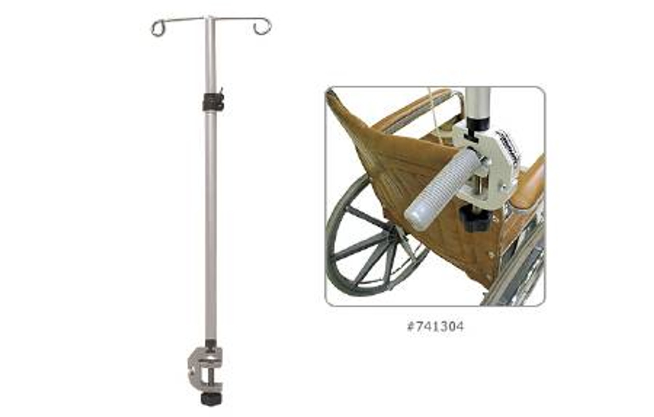 Mobile I.V. Pole with Adjustable Clamp on Wheel Chair 