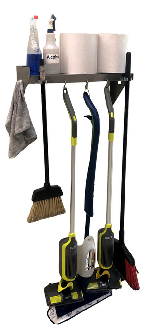 Stainless Steel Utility Shelf with 2 Mop / Broom Holders & 3 Hooks Stainless Steel Utility Shelf with 2 Mop / Broom Holders & 3 Hooks