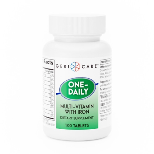 Multivitamin Supplement with Iron Geri-Care? Vitamin A / C / D-3 / Iron 5,000 IU - 50 mg - 400 IU - 18 mg Strength Tablet 100 per Bottle Unflavored (BT)