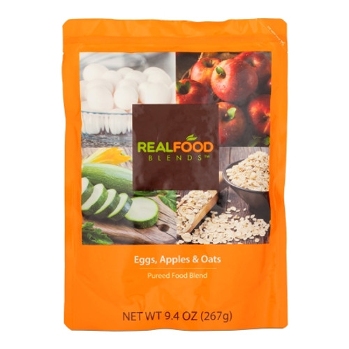 Tube Feeding Formula Real Food Blends? Apples, Whole Eggs, Water, Zucchini, Falxseed Oil, Rolled Oats (Oats are certified gluten-free.) Liquid 9.4 oz. Pouch (CS)