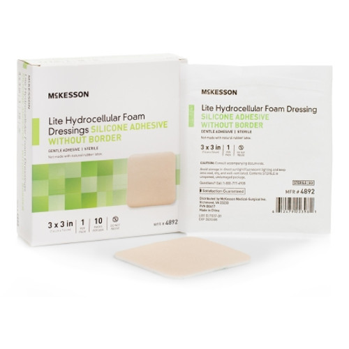 Thin Foam Dressing McKesson Lite 3 X 3 Inch Without Border Film Backing Silicone Gel Adhesive Square Sterile (CS)