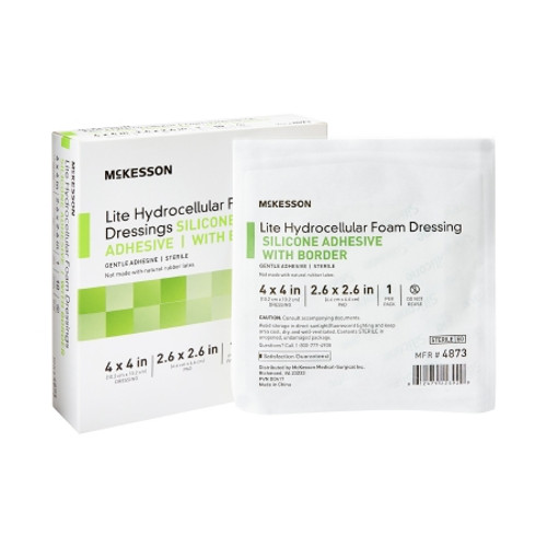 Thin Foam Dressing McKesson Lite 4 X 4 Inch With Border Film Backing Silicone Gel Adhesive Square Sterile (BX)
